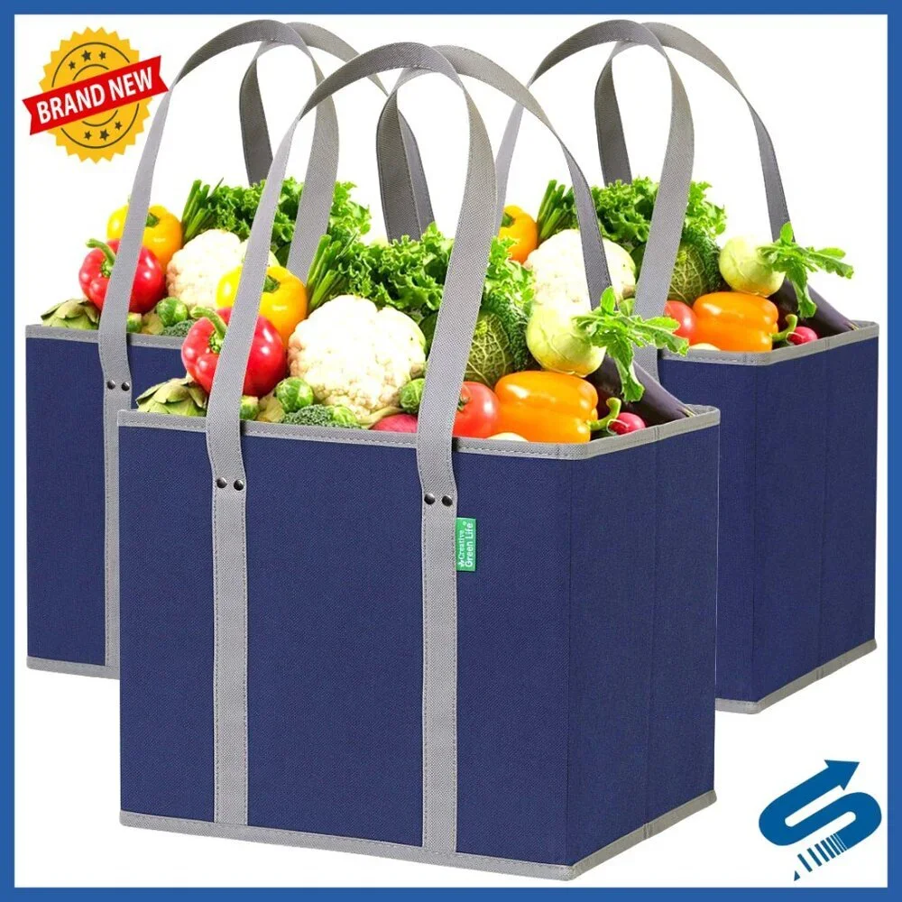 Heavy Duty Reusable Grocery Bags 3 Pack Box Shape Stands Up
